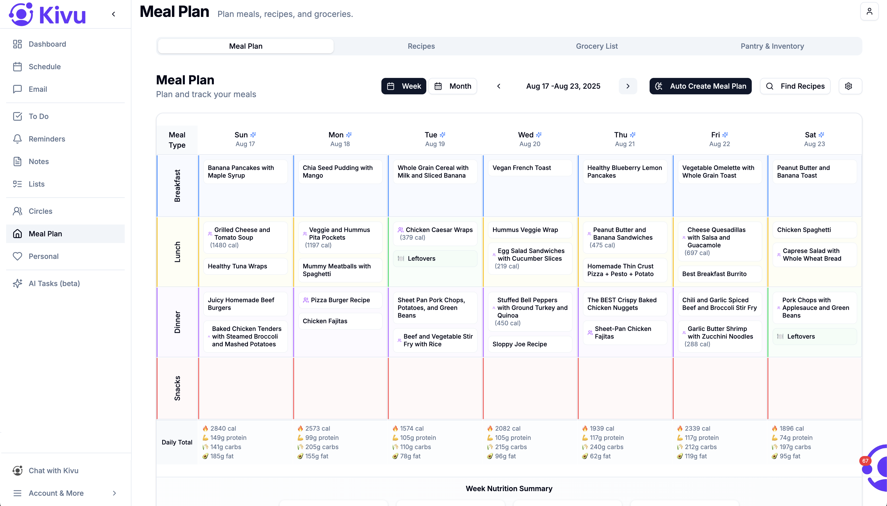 Weekly meal plan calendar showing dinner ideas for each day